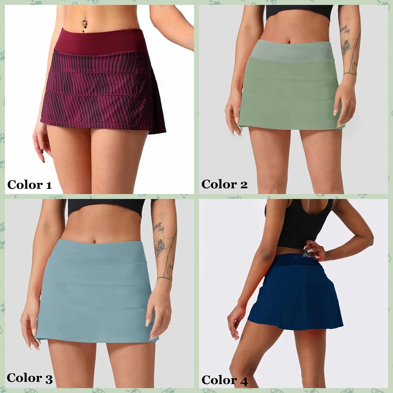 Solid Color Plus Size Elastic Quick Dry High Waist Pleated Tennis Skirts Women Athletic Golf Running Skirt Apparel with Pockets