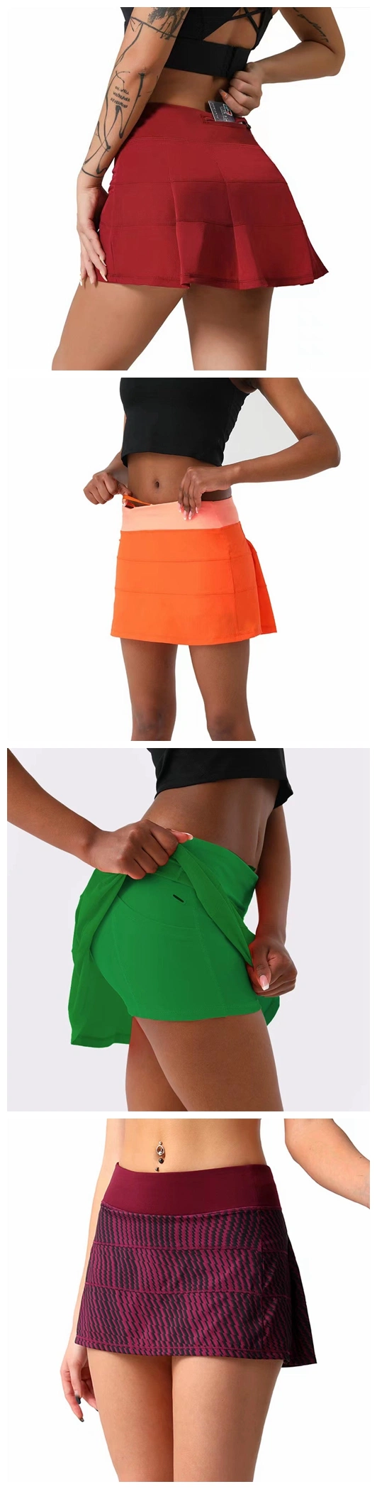 Solid Color Plus Size Elastic Quick Dry High Waist Pleated Tennis Skirts Women Athletic Golf Running Skirt Apparel with Pockets