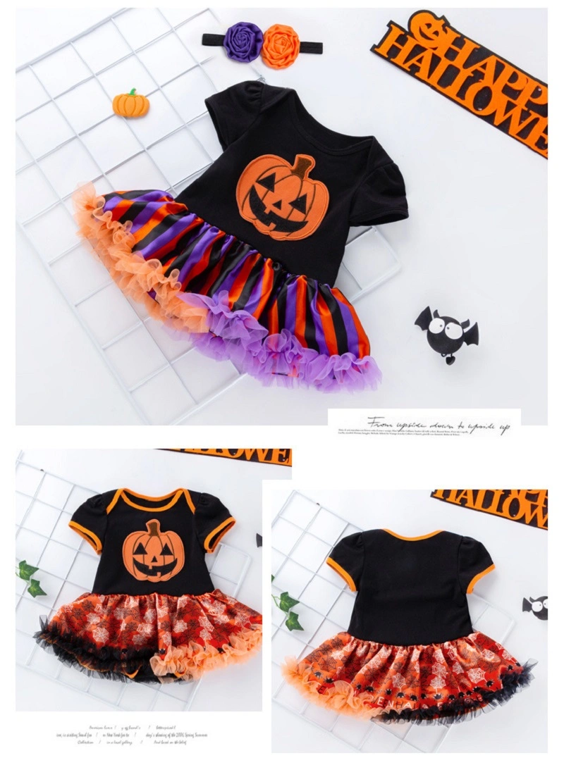 Baby Girls Halloween Pumpkin Bodysuits Tutu Lace Skirt with Headband Esg16387