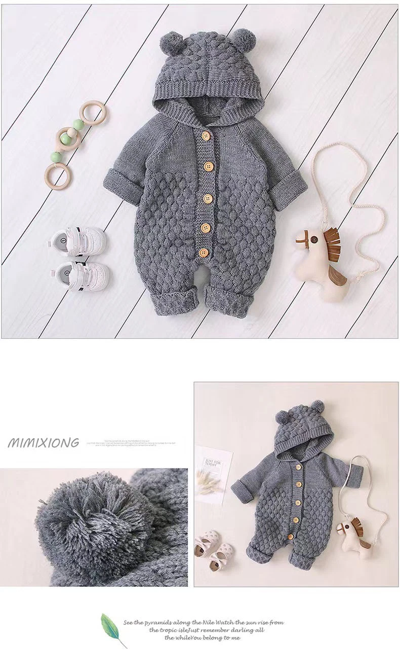 ABC Kids Children Baby Boy Girl Kids Knitting Long Sleeve Rompers Autumn Winter Baby Boys Girls Pure Color Hooded Rompers Clothes