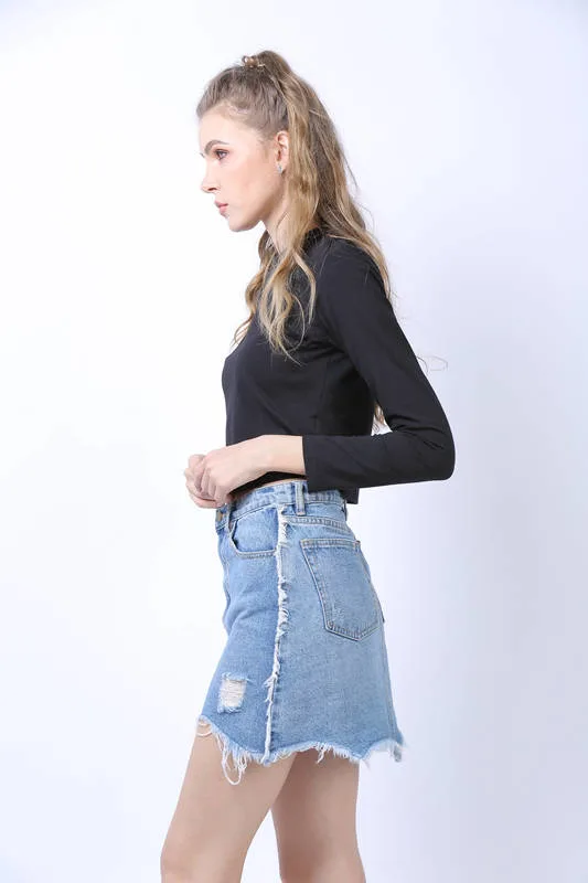 Women Garment Light Blue with Fringe Denim Jeans Skirt