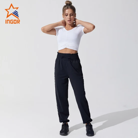 Ingorsports Frauen Gym Fitness Workout Wear Anti UV/Antibakterieller Stoff V-Ausschnitt/Rundhalsausschnitt Cross Crop Tops Frisbee Ultimate Apparel