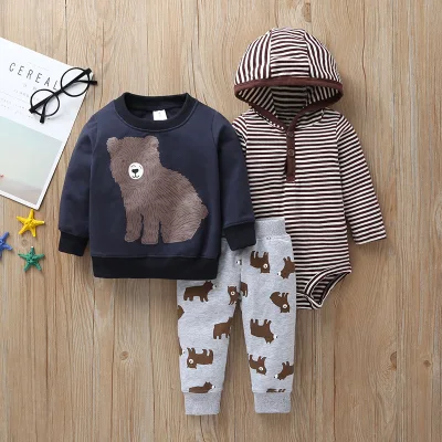 Frühling Herbst 2022 Langarm Langarm Mit Kapuze Mantel Strampler Hosen Drei Stücke Set Baby Jungen Kleidung Sets für Großhandel